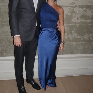 Aware Barcelona Kaia dress in dark blue satin one shoulder